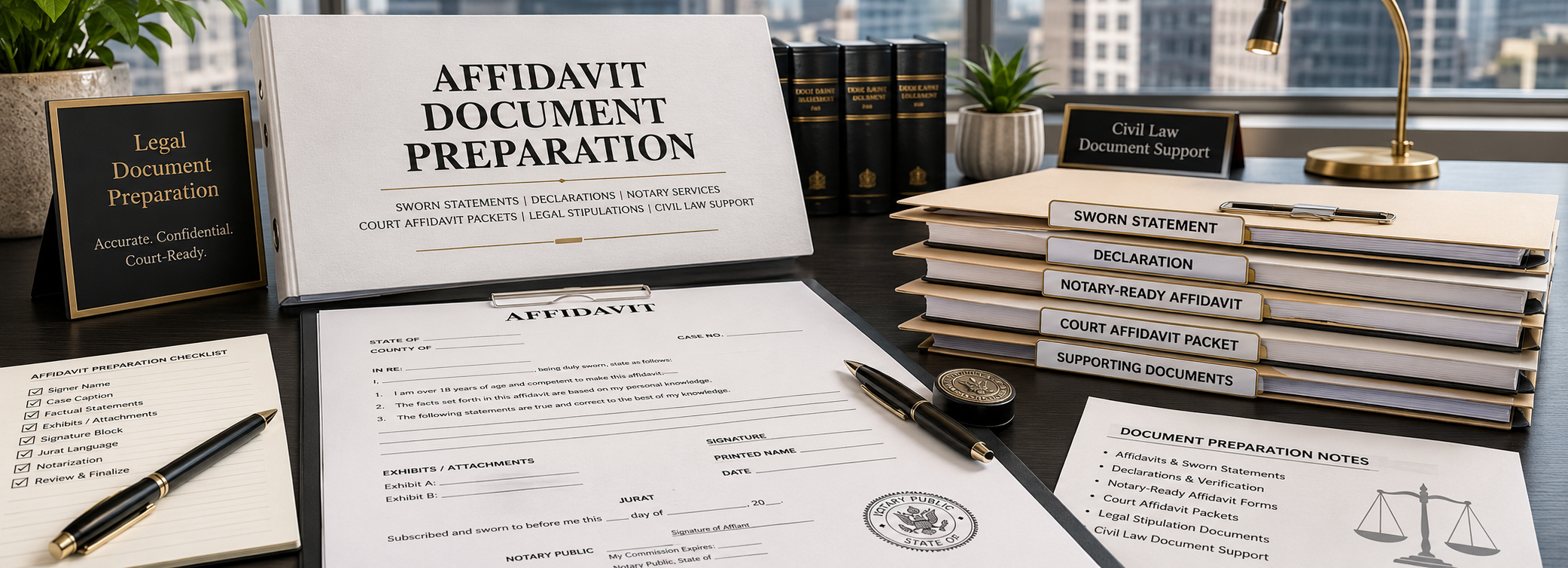 Affidavit preparation, sworn statements, court declarations, and paralegal document support from Court Documents
