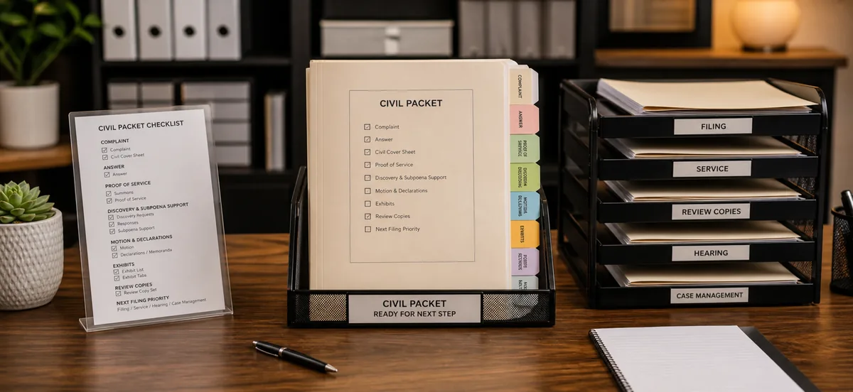 Civil law filing packet result, court document preparation, and paralegal support from Court Documents