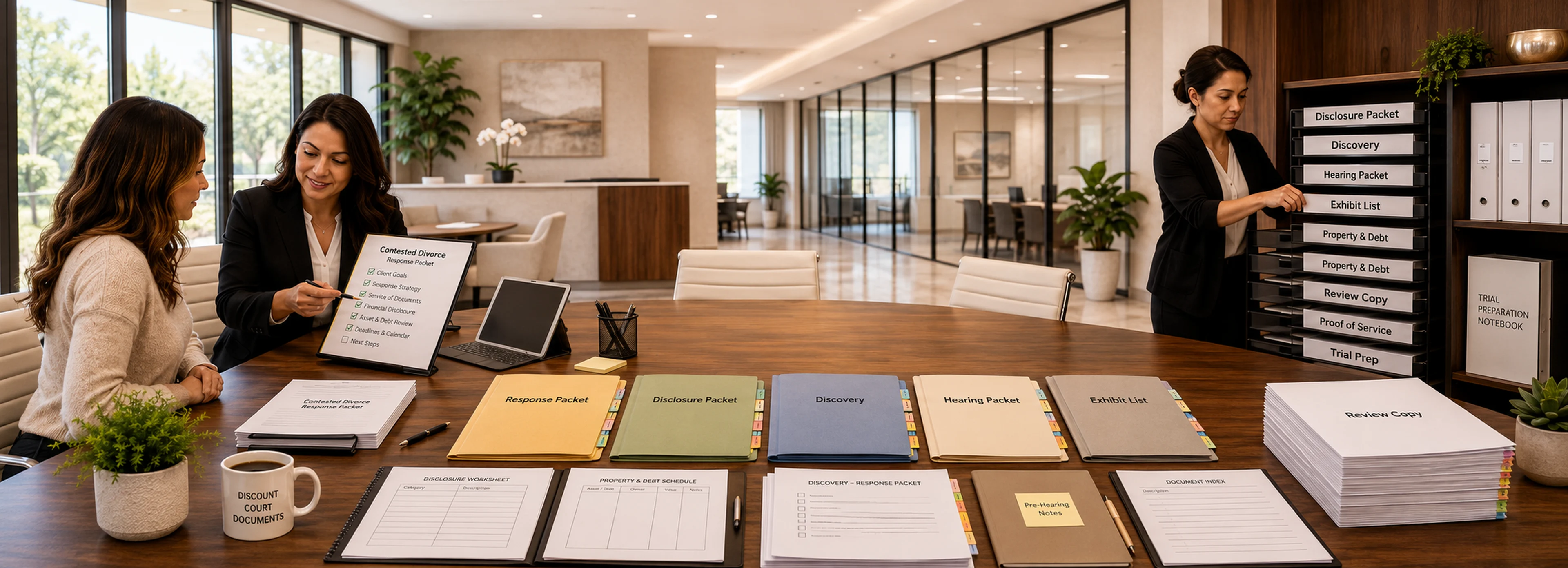 Contested divorce forms and response paperwork banner for Court Documents