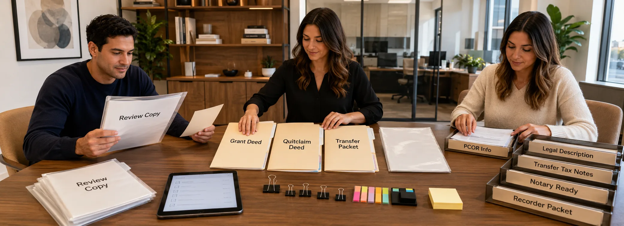 Deed document preparation, grant deed and quitclaim deed packets, recorder forms, and paralegal document support from Court Documents