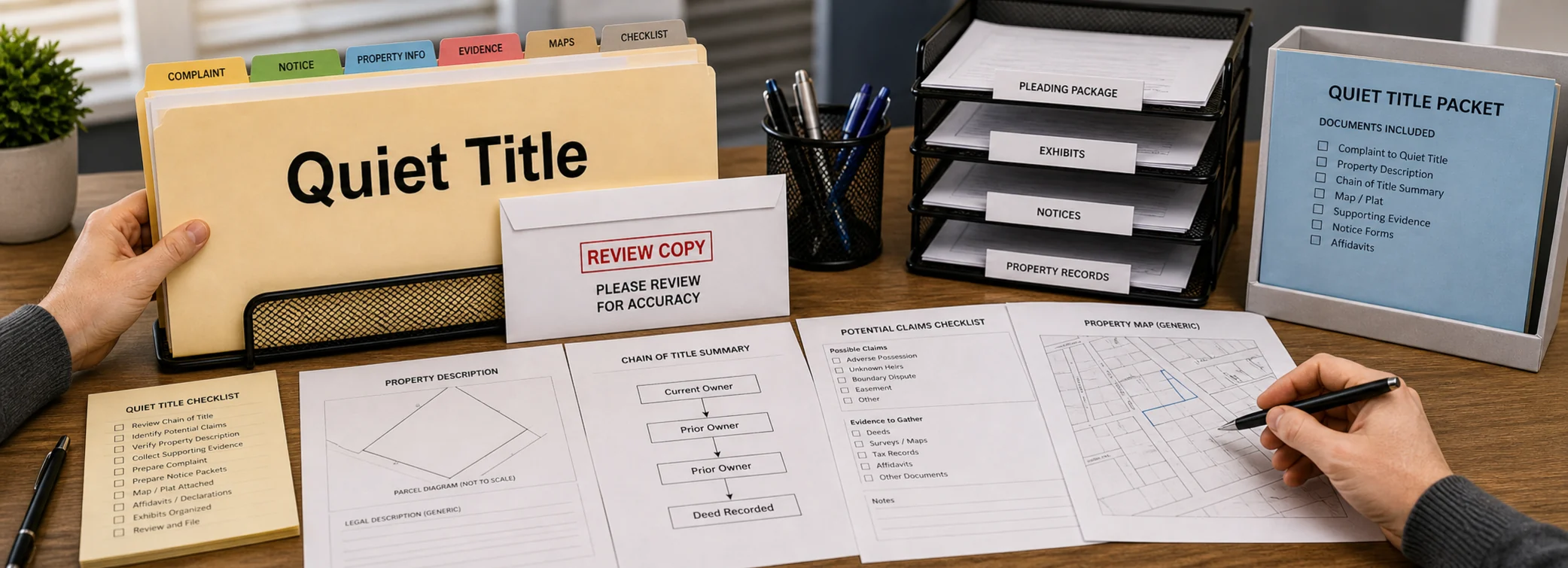Quiet title legal document preparation, court forms, filing packets, and paralegal document support from Court Documents
