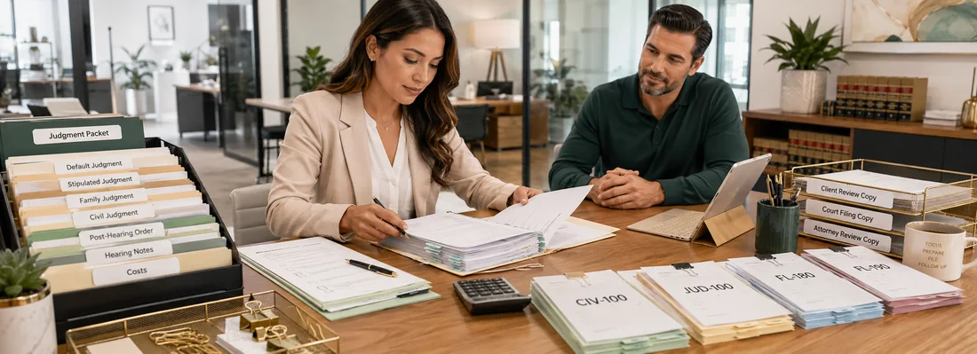 Judgment document preparation, California court judgment forms, filing packets, and paralegal document support from Court Documents
