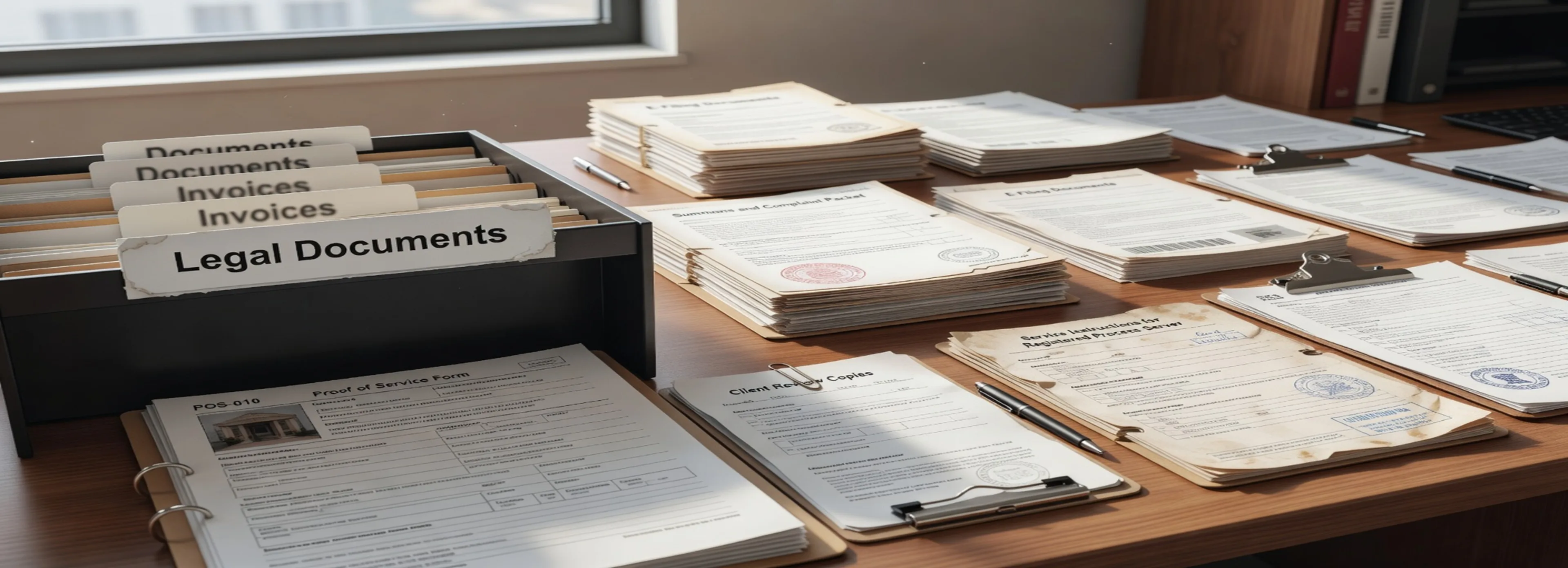 Process service and court filing document preparation, proof of service forms, e-filing packets, and paralegal document support from Court Documents