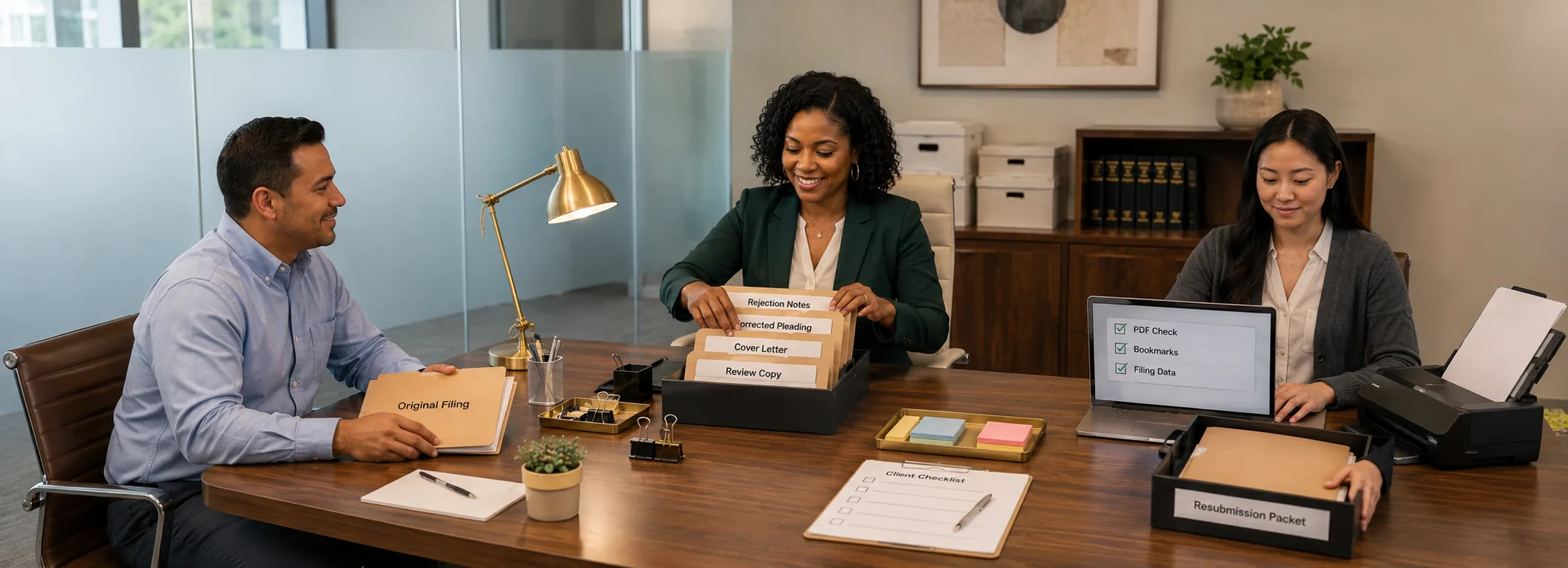 Rejected court filing correction, resubmission packets, court form repair, and paralegal document support from Court Documents
